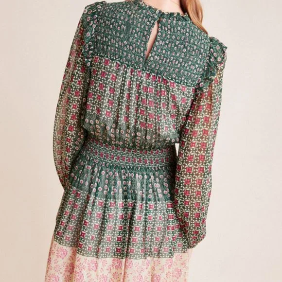Anthropologie Rhiannon Floral Smocked Waist Chiffon Sheer Green Pink Dre… - Picture 3 of 12